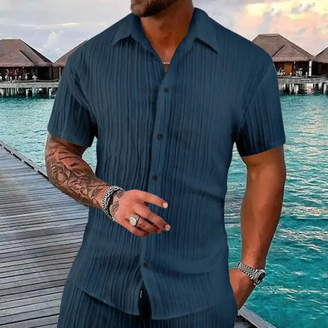 Polo Collar Solid Color Short Sleeve Button Men's Casual Loose Short Sleeves Shirt - Lootquake