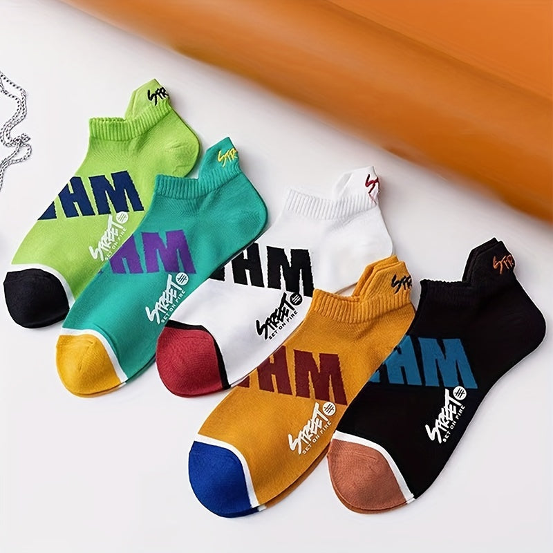5 pares de calcetines unisex con letras estampadas, elegantes y transpirables, de corte bajo, para mujer.