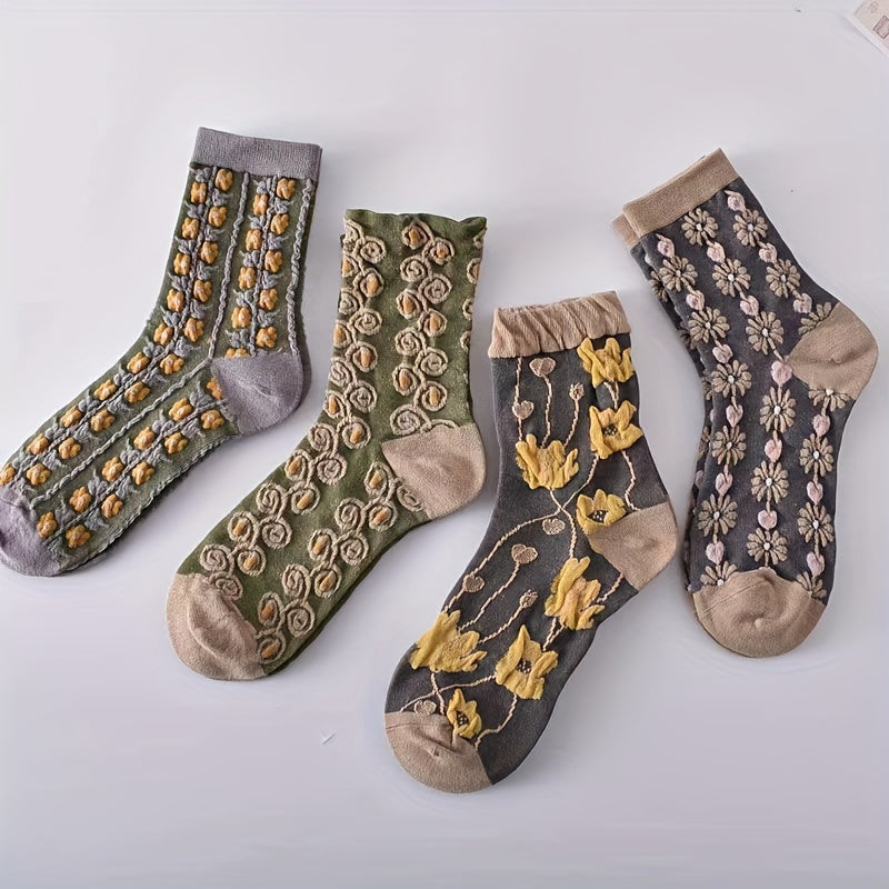 5 Pairs of Ultra-Soft Floral Pattern Womens Mid Tube Socks - Moisture-Wicking, Fashionable & Comfortable - Assorted Designs for Everyday Wear - Stockings & Hosiery Collection