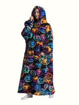 Sweat à capuche en flanelle imprimé citrouille grande taille - Doux, confortable, pelucheux, à capuche, vêtement d'hiver pour femme sur le thème d'Halloween