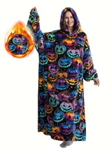 Sweat à capuche en flanelle imprimé citrouille grande taille - Doux, confortable, pelucheux, à capuche, vêtement d'hiver pour femme sur le thème d'Halloween
