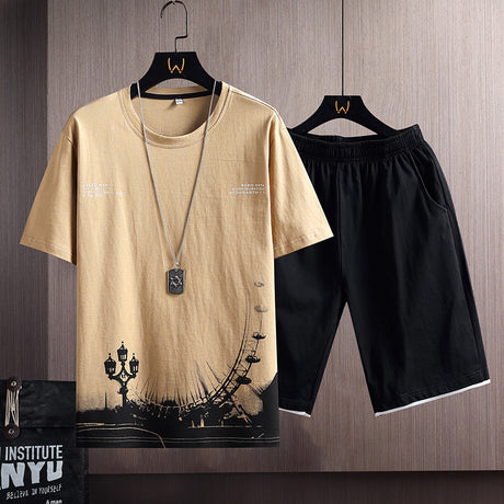 New Cotton Men's Casual Sports Loose Shorts Round Neck T-shirt Suit - Lootquake