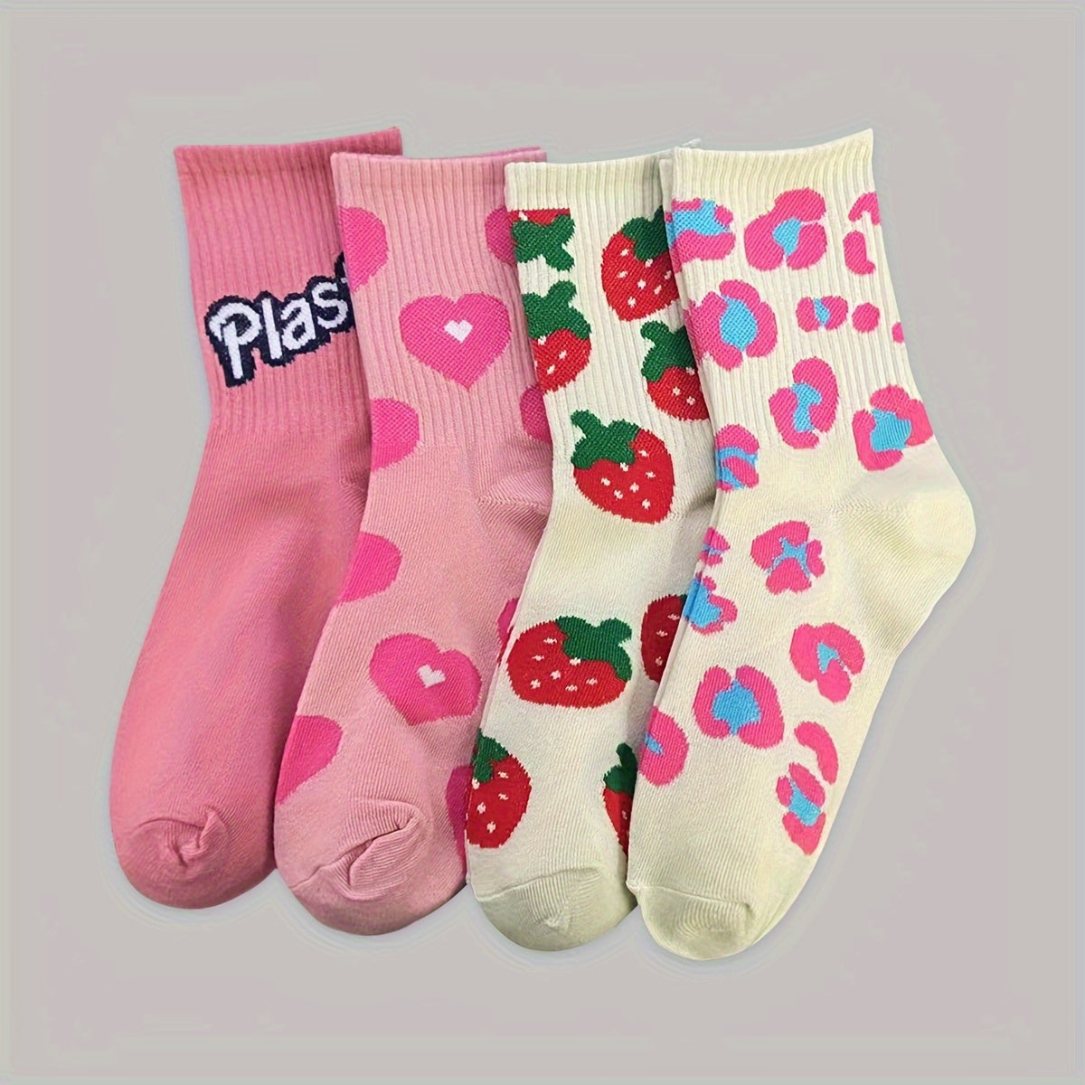 4 pares de calcetines con letras estampadas de moda - Medias deportivas de media pantorrilla para mujer - Diseños suaves, transpirables y modernos para uso diario