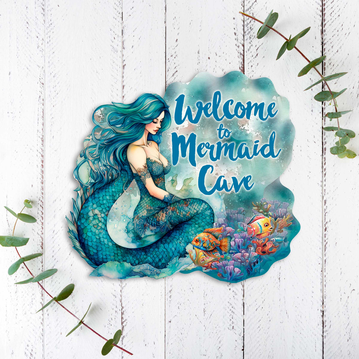 Bienvenido a Mermaid Cave - Letrero de bienvenida para puerta de entrada Pancarta de entrada principal Letrero de bienvenida - Decoración de porche delantero de madera - 933112H
