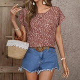 Ladies' Floral Print Contrasting Batball Sleeves Round Neck Fashionable Casual T-shirt Top - Lootquake