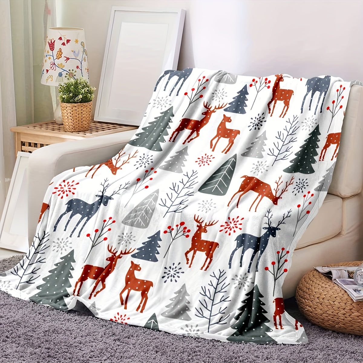 1 couverture imprimée motif cerf sur le thème de Noël, douce et chaude pour canapé, lit, voiture, bureau, camping, voyage, cadeau idéal pour toutes les saisons