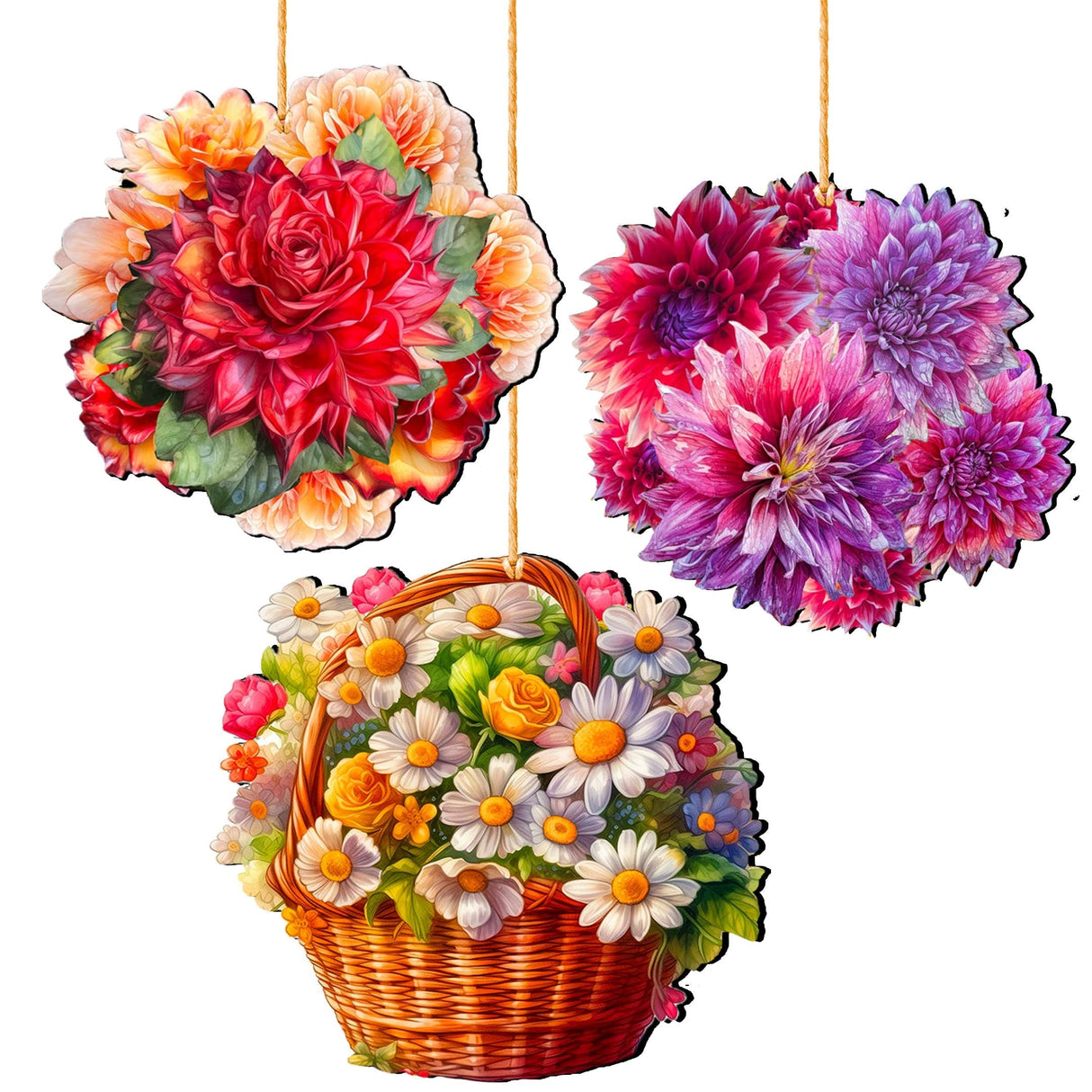 Flower Bouquets Decorative Wooden Ornaments Set of 3 by G. Debrekht - Love Family Decor - 8091076-2-S3