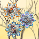 Owls Snowflake Wooden Ornaments Set of 3 by G. Debrekht - Nature Wildlife Decor - 8090152-S3