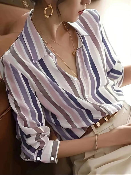 Ladies' Long-sleeved Striped Printed Versatile Casual Shirt - Lootquake