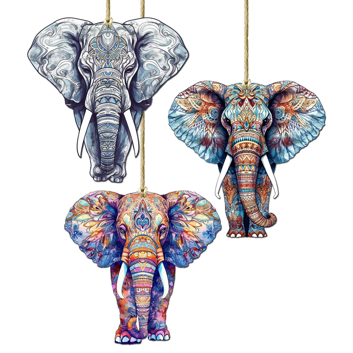 Elephants Decorative Wooden Ornaments Set of 3 by G. Debrekht - Wildlife Decor - 8091036-S3