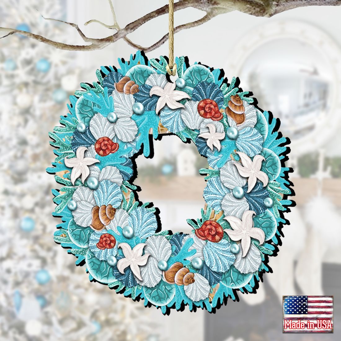 Coastal Wreath Wooden Ornaments by G. DeBrekht - Coastal Holiday Decor - 8185306