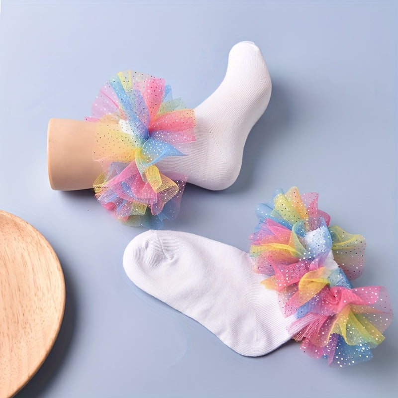 1 par de calcetines de encaje suave con volantes para niñas - Ribete de volantes esponjoso para un adorable look de baile de princesa - Calcetines cómodos de mezcla de algodón