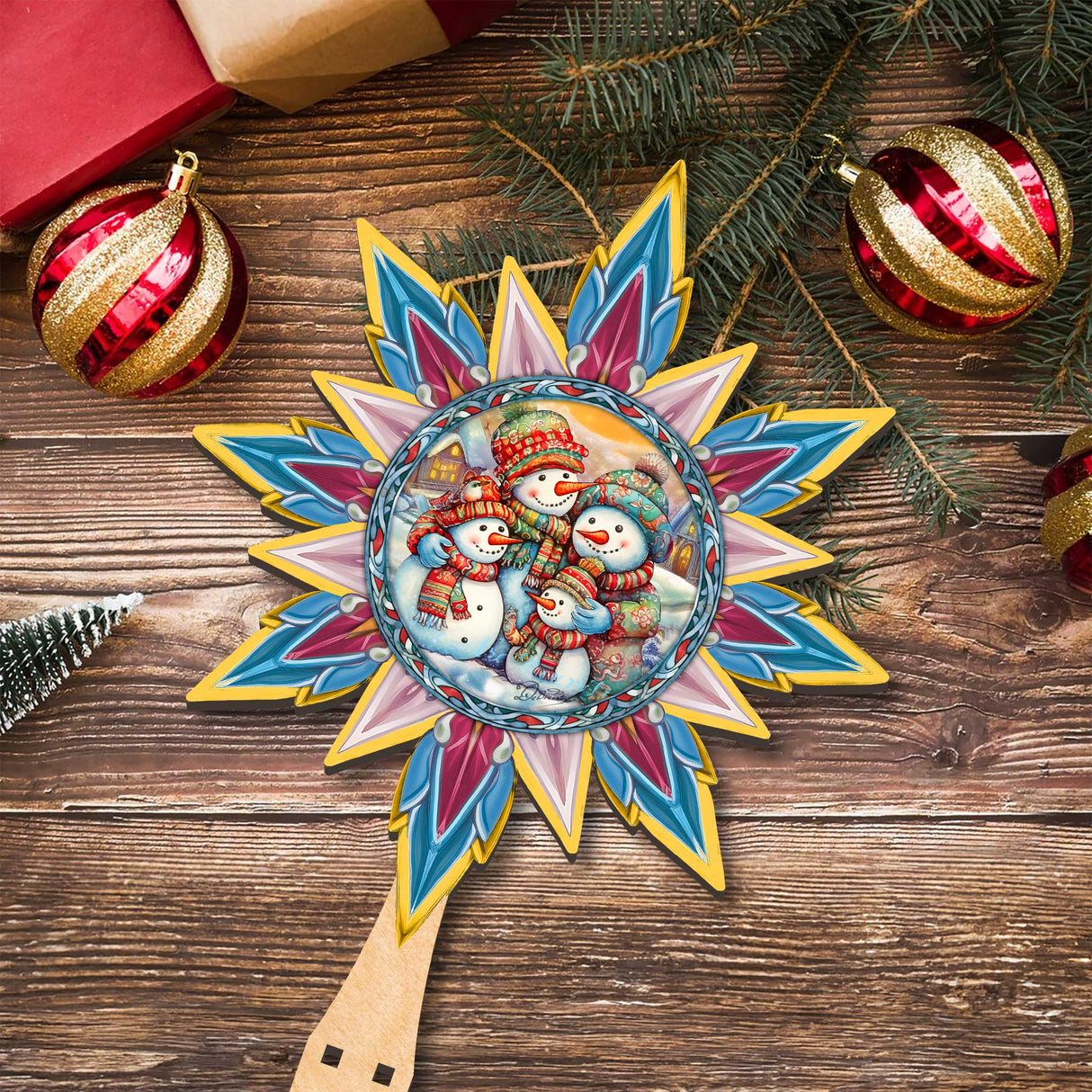 Decoración de madera para la punta del árbol de Navidad con forma de estrella y muñeco de nieve de G. Debrekht - Decoración navideña con muñeco de nieve de Papá Noel - 89511