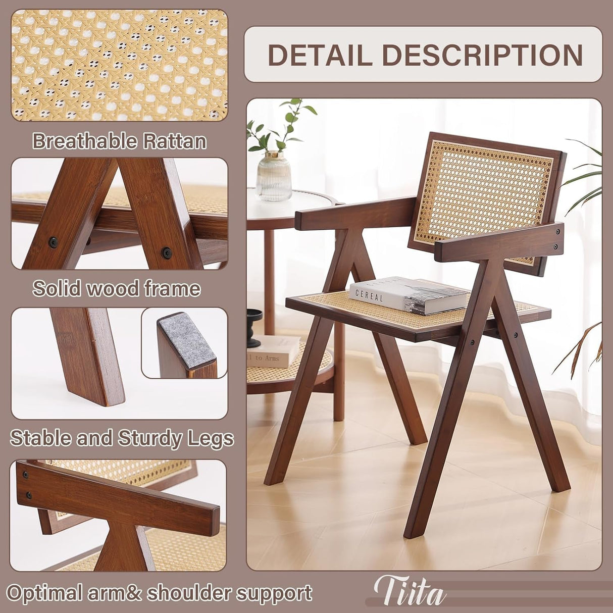 Rattan Dining Chairs Set of 2, Mid Century Modern Armchairs, Wooden Kitchen Chairs for Dining Room, Living Room, Walnut