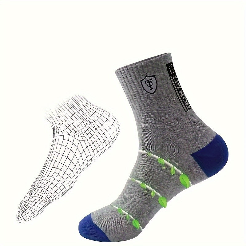 5 Pairs Men'S Athletic Crew Socks, Moisture-Wicking Knit Fabric, Solid Color, Polyester 75%, Spandex 25%, with Embroidered Badge, for Hand Wash Only, Sweat-Resistant