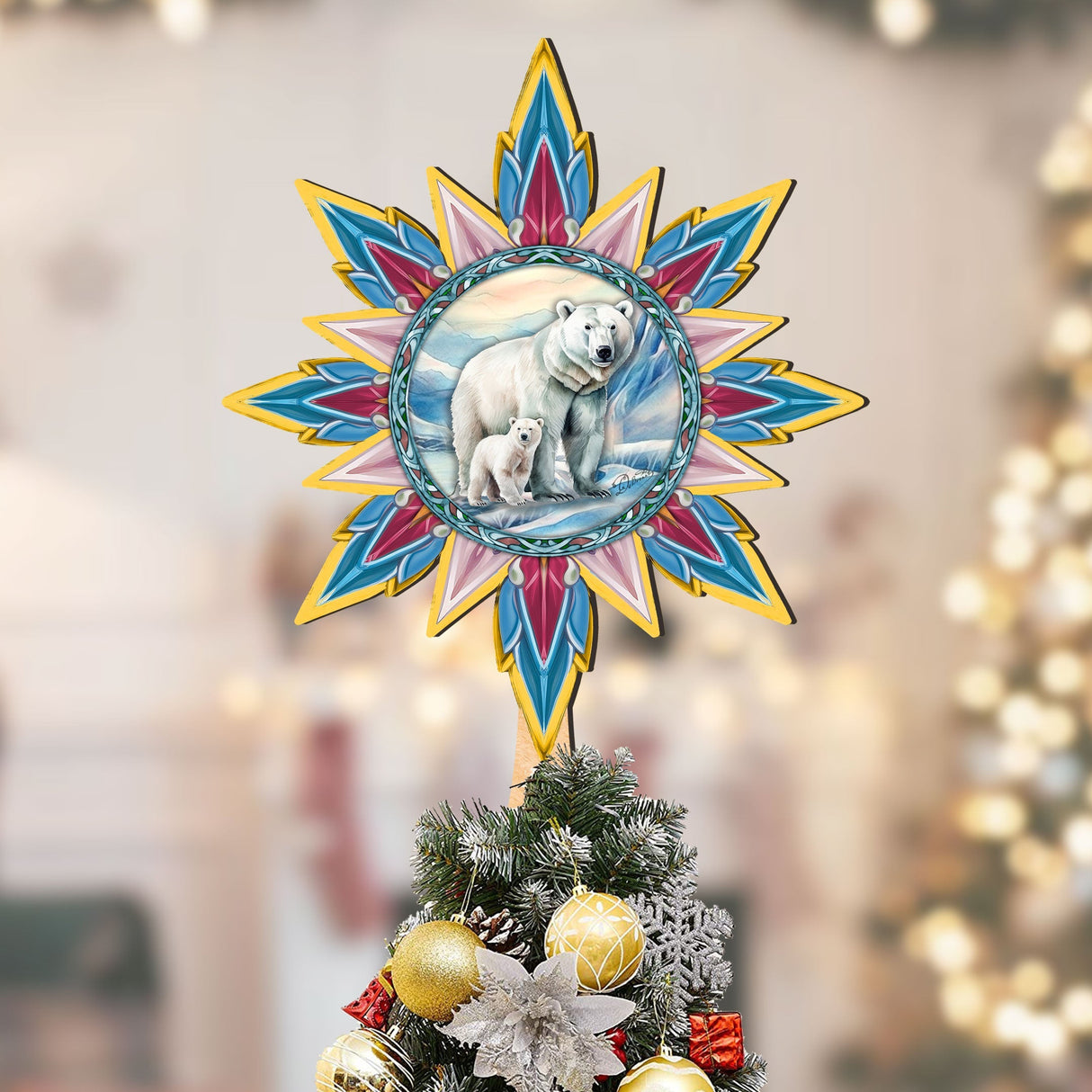 Decoración de madera para la punta del árbol de Navidad con forma de oso polar y cachorro, de G. Debrekht - Decoración navideña con animales salvajes - 89509
