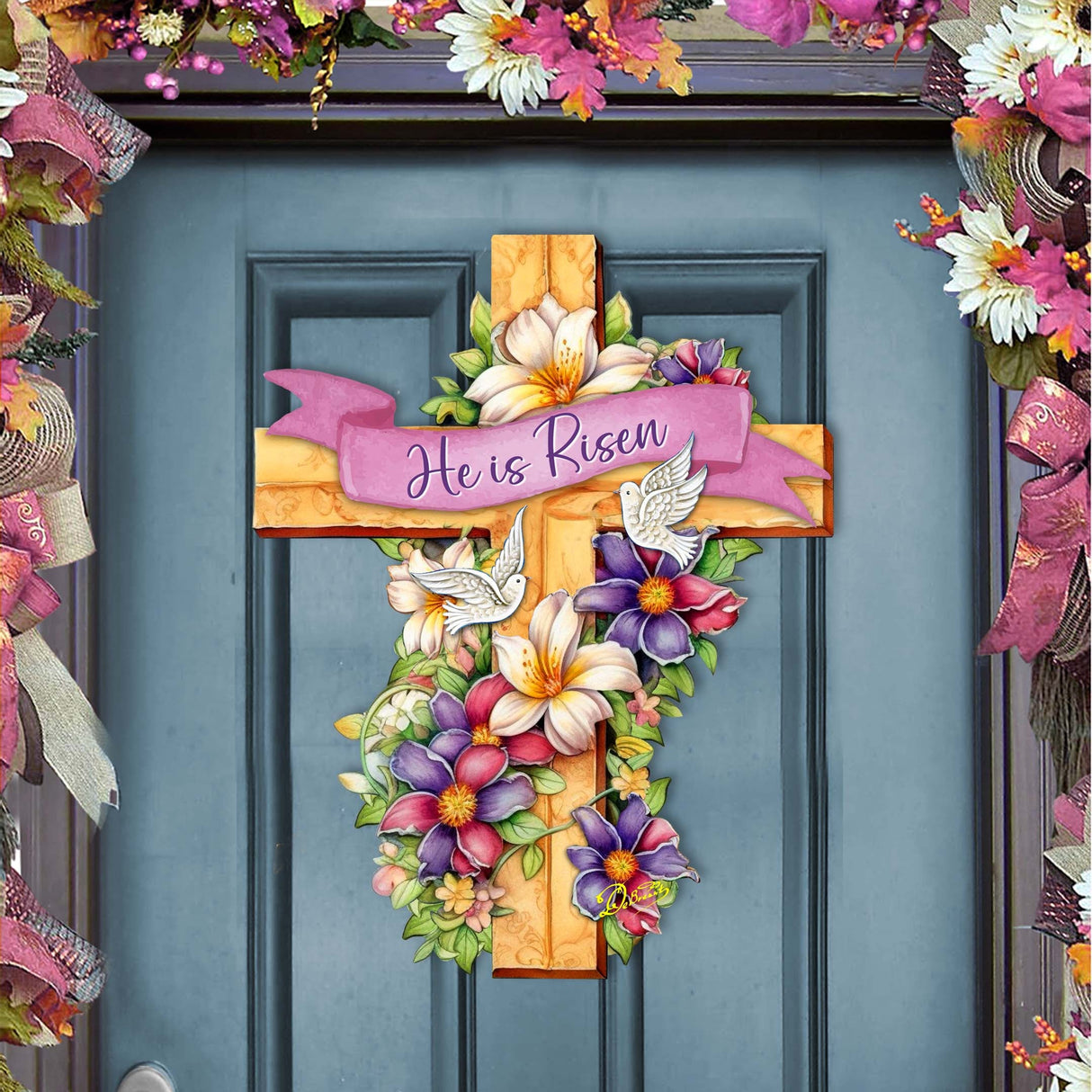 He is Risen Cross Holiday Door Decor by G. Debrekht - Easter Spring Decor - 8688162H