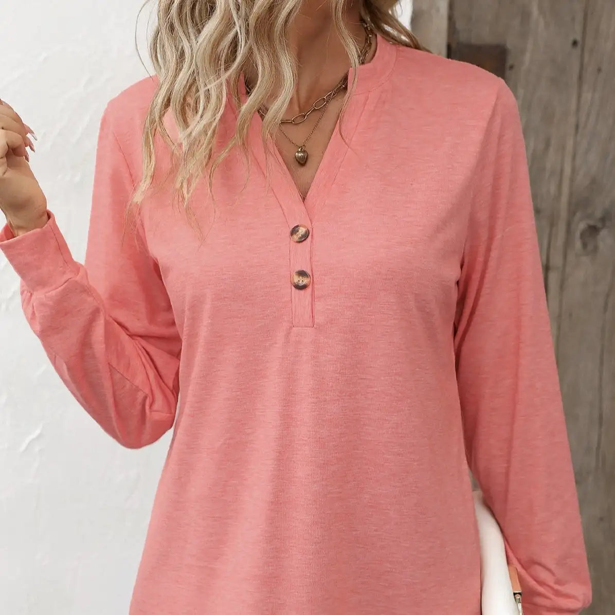 Ladies' Fashion New Button Peach Red Open Neck T-shirt Casual Top - Lootquake