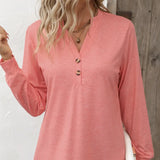 Ladies' Fashion New Button Peach Red Open Neck T-shirt Casual Top - Lootquake