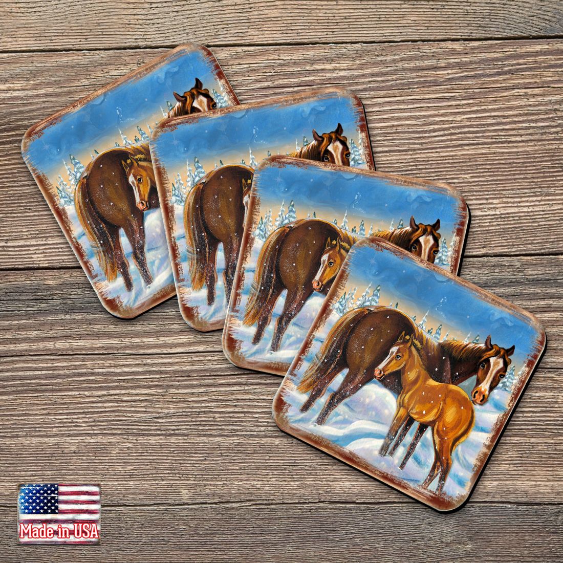 Horsey Wooden Cork Coasters Gift Set of 4 by Nature Wonders - Nature Wildlife Decor  - 95218C-S4