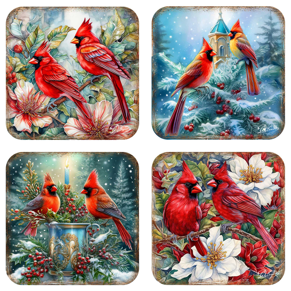 Juego de 4 posavasos de corcho de madera con diseño de Cardenales Rojos de G. Debrekht - Decoración de vida silvestre - 8199452C-S4