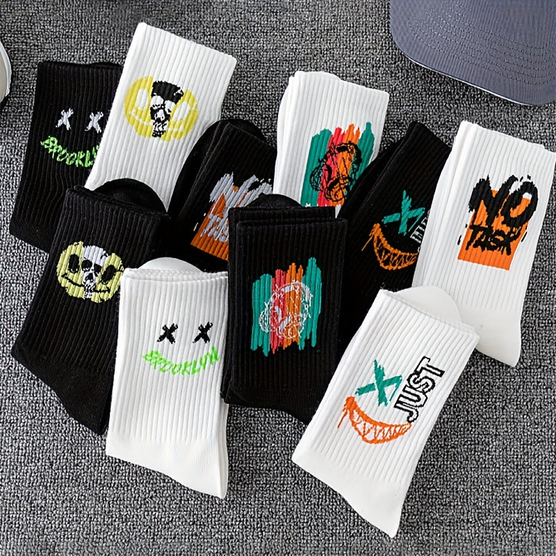 10Pairs Mens Graffiti Art Socks - Fashion-Forward, Cotton Blend, Breathable & Comfortable - Unisex, Outdoor Ready, All-Season Casual Wear