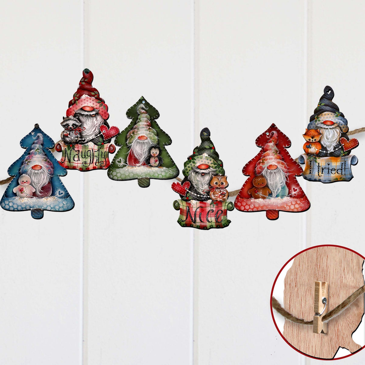 Christmas Gnomes Decorative Wooden Clip-on Ornaments Set of 6 by Jamie Mills-Price - Christmas Decor - 8090049C-MP-S6