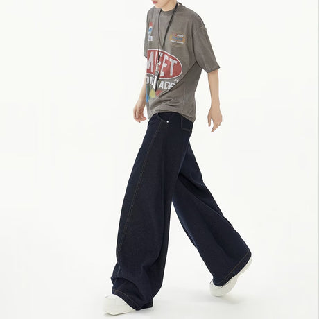 High Waist Dark Blue Wide Leg Jeans - Lootquake