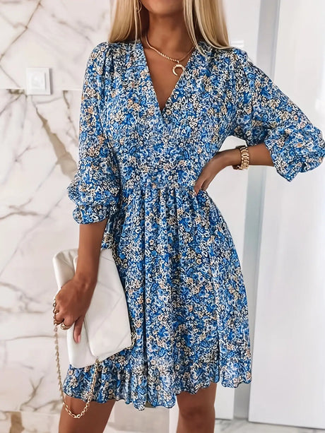 V-neck Printed Dress With Ruffled Waist, Exquisite And Elegant Design-perfect For Spring And Autumn. - Lootquake