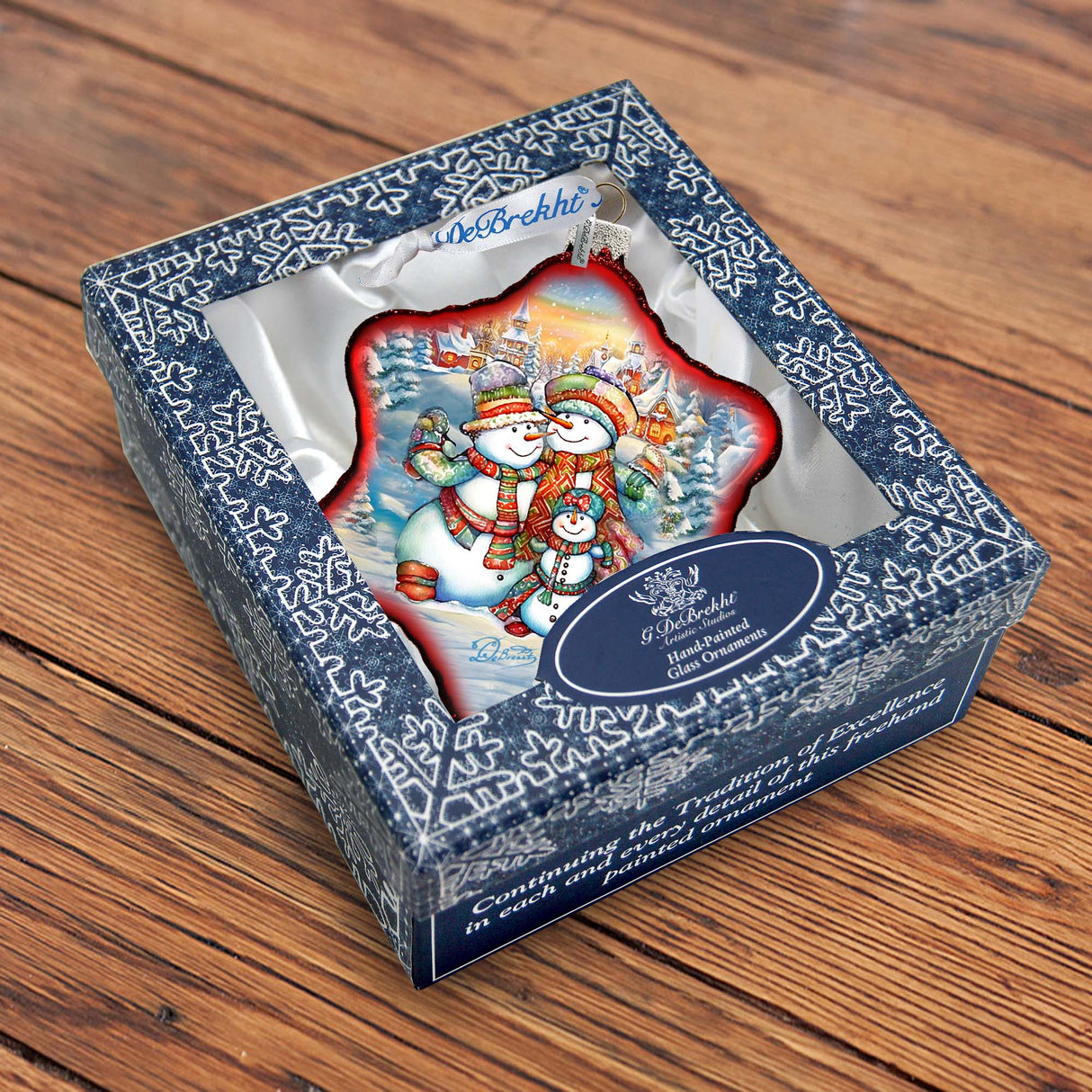 Cheerful Snowmen Snowflake Glass Ornament by G. Debrekht - Christmas Santa Snowman Decor - 754-046