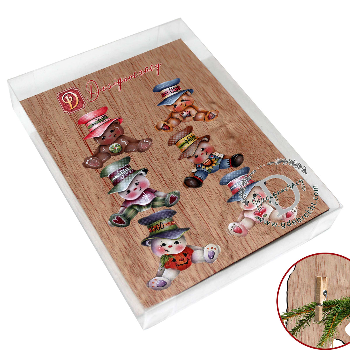 Big Hat Brigade Decorative Wooden Clip-on Ornaments Set of 6 by Jamie Mills-Price - Christmas Santa Snowman Decor - 8090046C-MP-S6