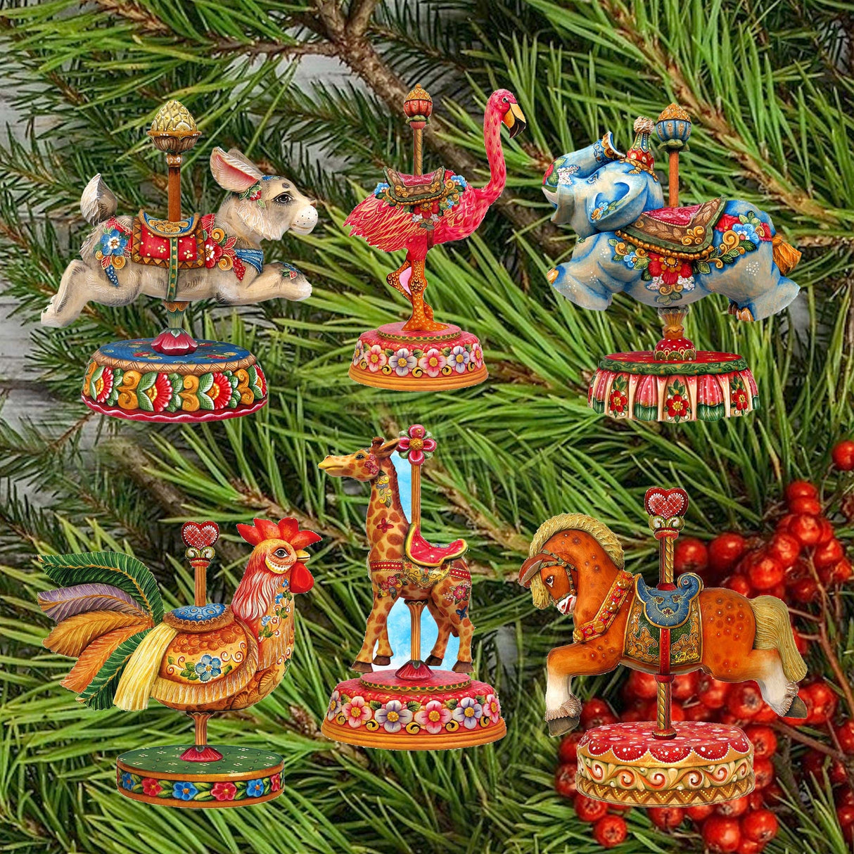 Carousel Decorative Wooden Clip-on Ornaments Set of 6 by G. Debrekht - Christmas Decor - 8090137C-S6