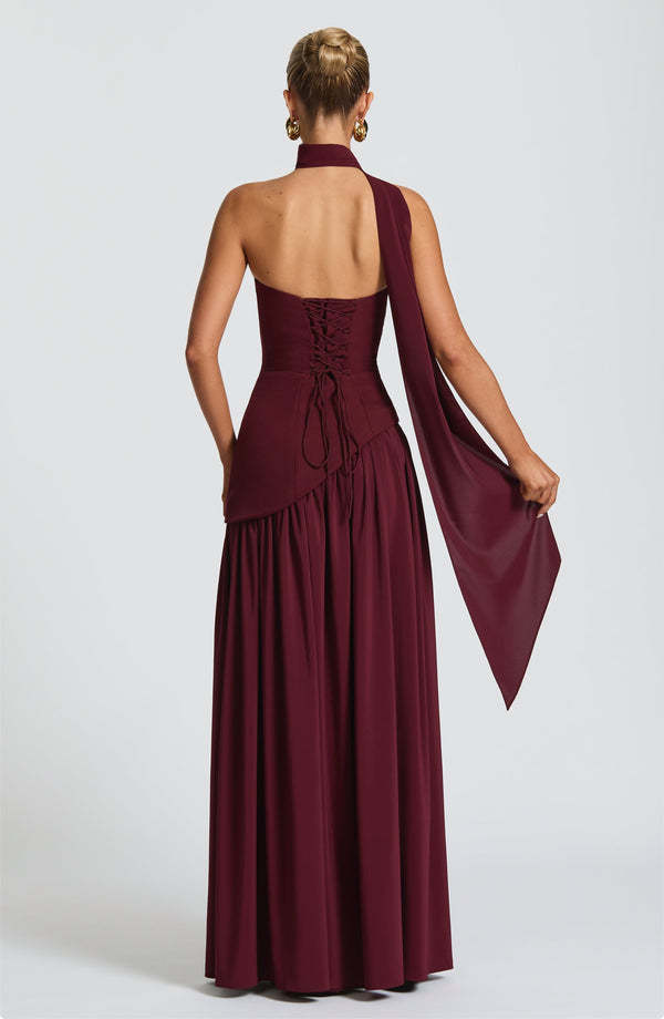 Cherry Lacquer Maliyah Maxi Dress with Chiffon Skirt & Scarf