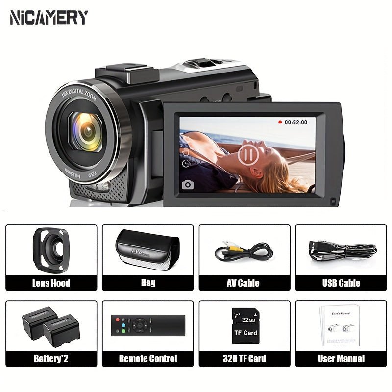 Cámara Nicamery HD 1080P con zoom eficiente de 16x, antivibración, compatible con micrófono externo, cámara web Full HD de 2400 píxeles, control remoto, parasol, 2 baterías de 1000 mAh, larga duración y tarjeta TF de 32 GB.