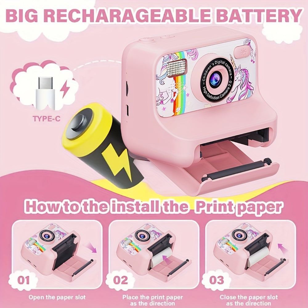 Appareil photo instantané pour enfants 2,4 pouces, carte 32 Go, 3 rouleaux de papier, chargement USB, cadeau d'anniversaire, Halloween, Noël, appareil photo numérique haute définition, adapté aux enfants
