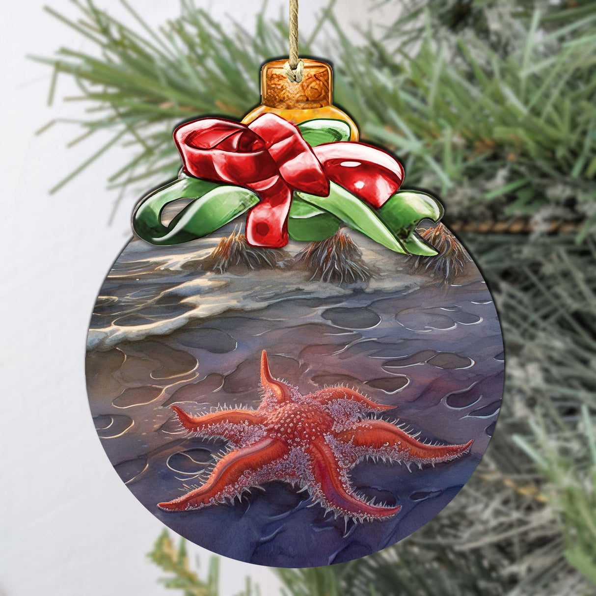 Red Sunflower Sea Star Wooden Ornaments by G.Debrekht - Wildlife Holiday Decor - 870019