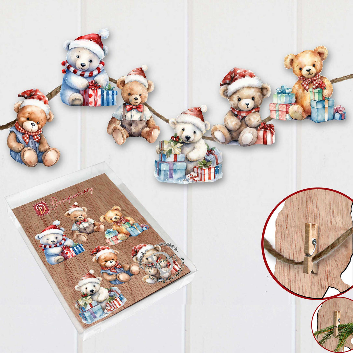 Christmas Teddy Bear Decorative Wooden Clip-on Ornaments of 6 by G. Debrekht - Christmas Decor - 8090011C-S6