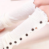 Calentadores de piernas de punto con ribete de encaje: suaves, elásticos y por encima de la rodilla para mujer. Medias y calcetines a juego con botones decorativos para el frío.