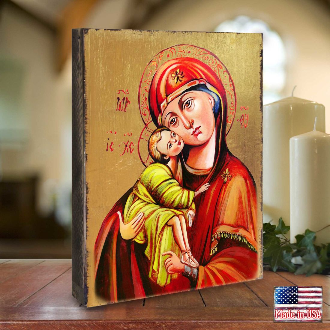 Icono sagrado ortodoxo religioso de madera de la Virgen María de Vladimir, bañado en oro - Decoración inspiradora - 85011