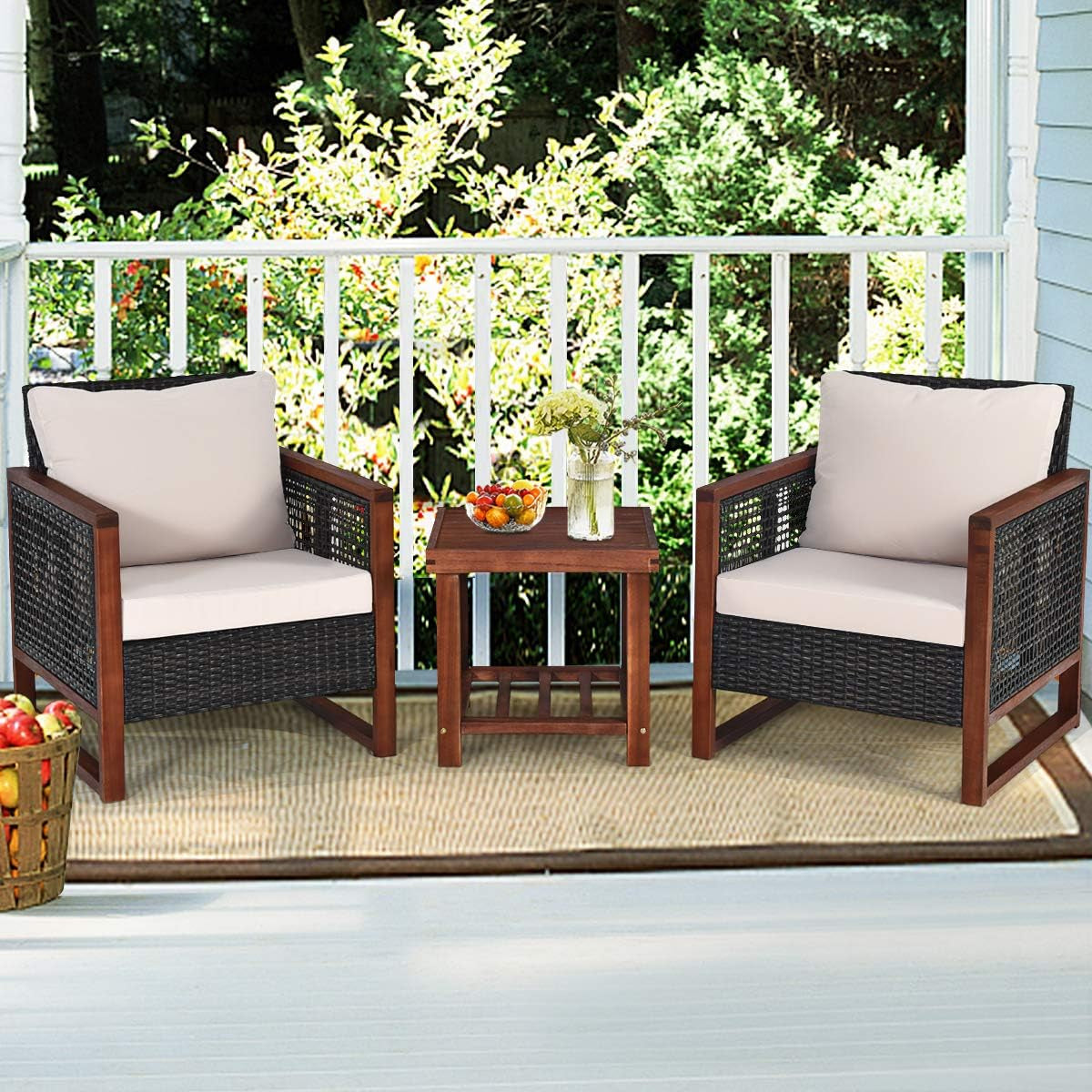 Juego de 3 muebles de exterior para patio, sillas de mimbre con mesa de centro, muebles de porche y balcón, conjunto de bistró con estructura de madera y cojines lavables para jardín, piscina y patio.