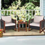 Juego de 3 muebles de exterior para patio, sillas de mimbre con mesa de centro, muebles de porche y balcón, conjunto de bistró con estructura de madera y cojines lavables para jardín, piscina y patio.