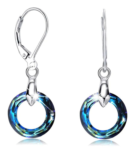 925 Sterling Silver Circle Earrings Austrian Crystal Leverback Earrings Jewelry Dangle Drop Earrings for Women (Bermuda Blue Crystal Earrings) - Lootquake