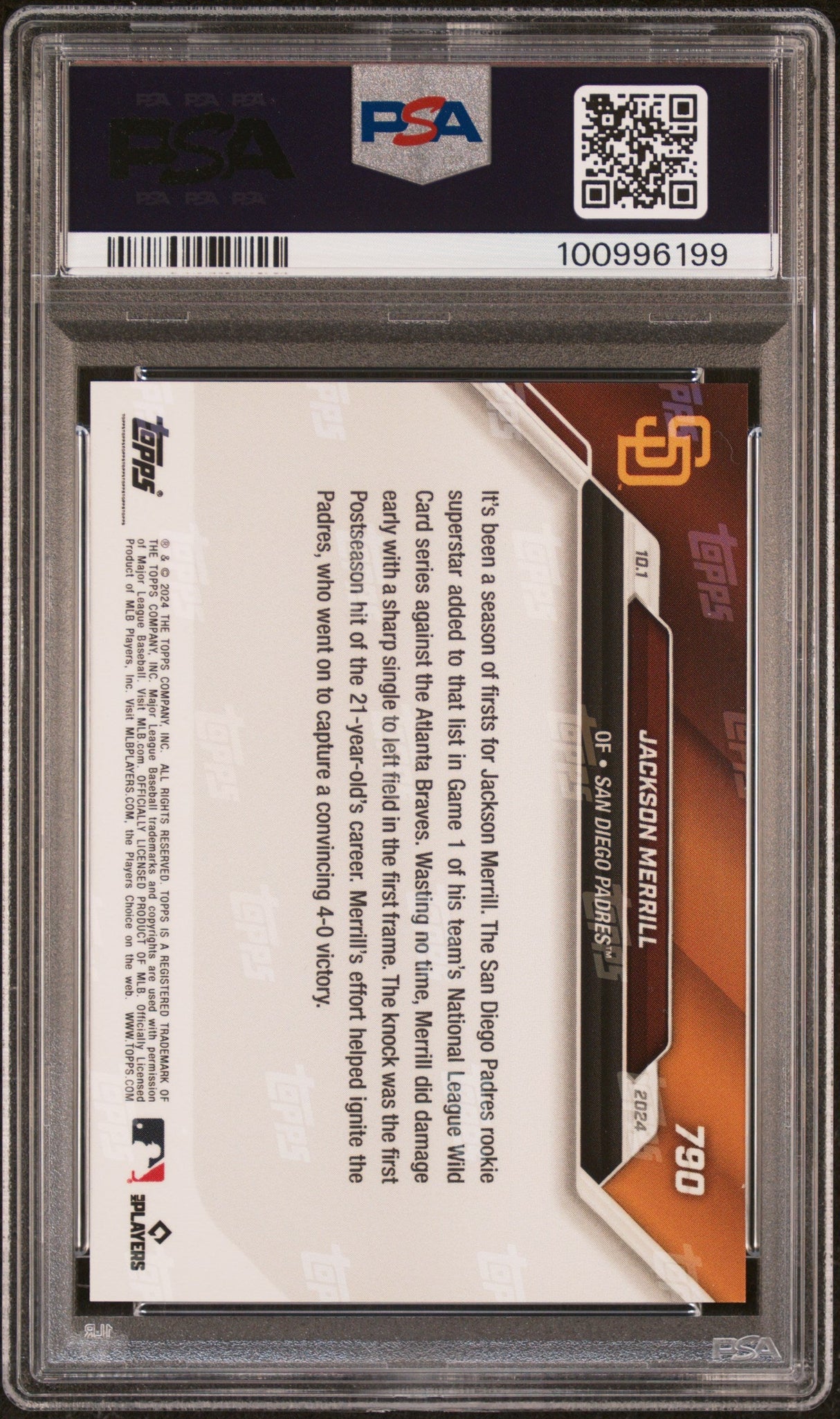 Tarjeta de béisbol Jackson Merrill #790 Rookie RC de Topps Now, calificada en 2024, PSA 10 Gem Mint