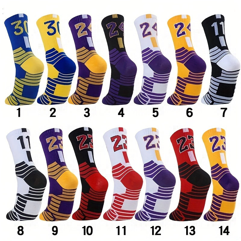 Alphabetic Patterned Sports Socks for Adults - Non-Slip, Shock Absorbing, Towel-Lined, Breathable, Quick-Drying, Moisture-Wicking, Anti-Odor, All-Season, Comfortable Fit - Polyester Blend, Knit Fabric, Ideal for Basketball Tr