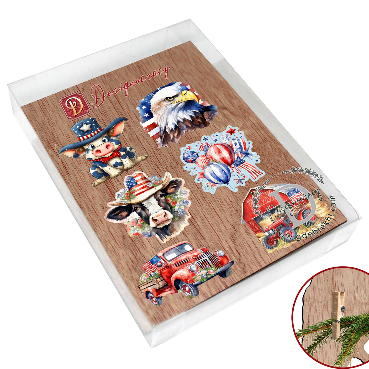 Adornos decorativos de madera con la bandera estadounidense, con clip (6 unidades), de G. Debrekht - Decoración patriótica - 8090002C-S6