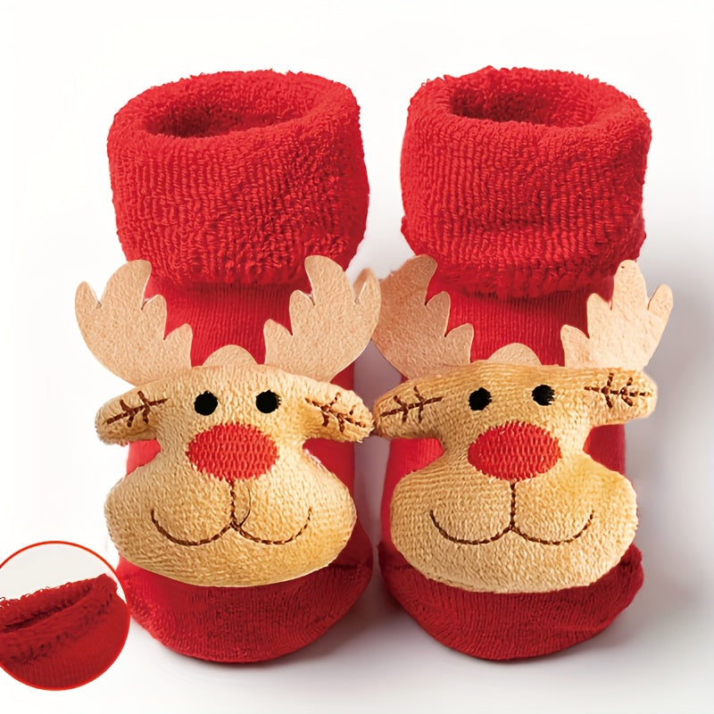 1 par de calcetines navideños para niña, adorables accesorios navideños con dibujos en 3D, calcetines gruesos de algodón con lazo, calcetines rojos antideslizantes.