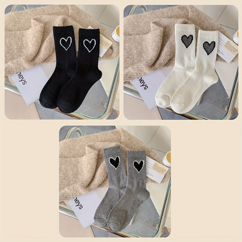 Lot de 3/5 paires de chaussettes côtelées à motif cœur, chaussettes mi-hautes confortables et douces, bas et collants pour femmes