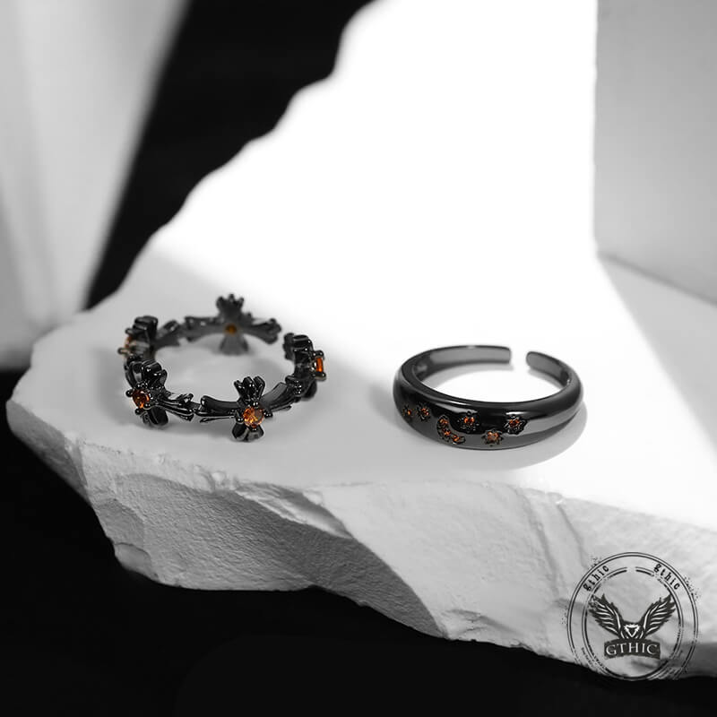 Dark Cross Star Moon Copper Alloy Open Zircon Ring