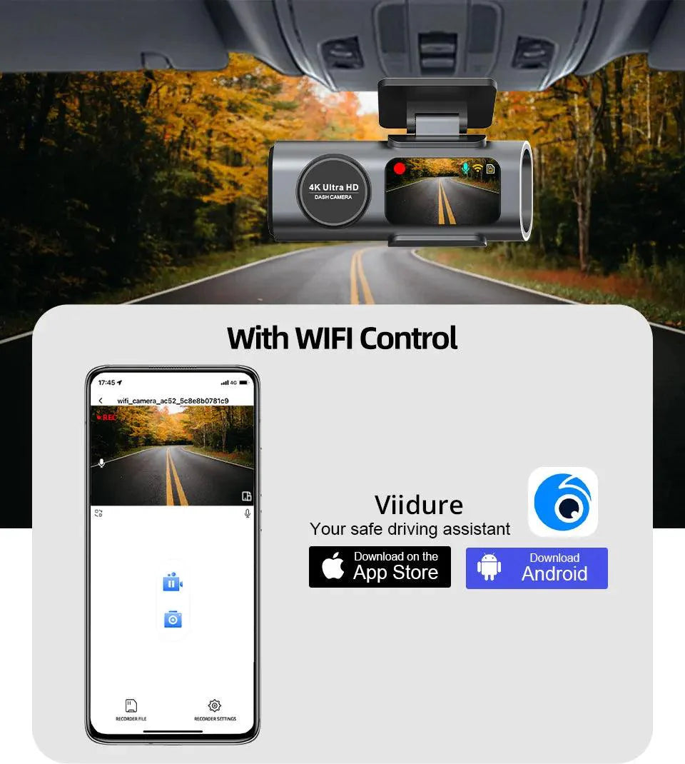 4K Dual Lens Dashboard Cam with Night Vision & GPS - Built-in Wi-Fi & Parking Mode