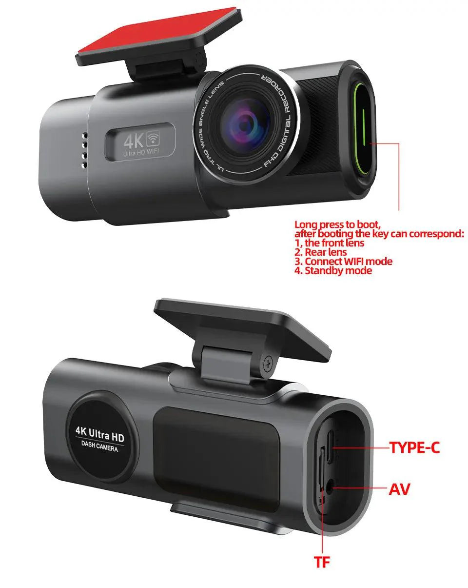 4K Dual Lens Dashboard Cam with Night Vision & GPS - Built-in Wi-Fi & Parking Mode